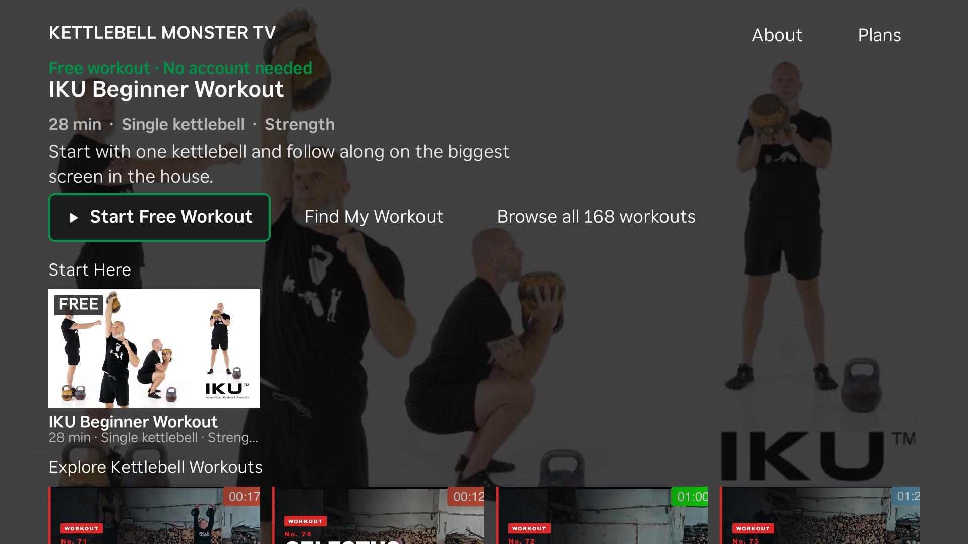 KETTLEBELL MONSTER on Roku, home screen with the free IKU Beginner Workout